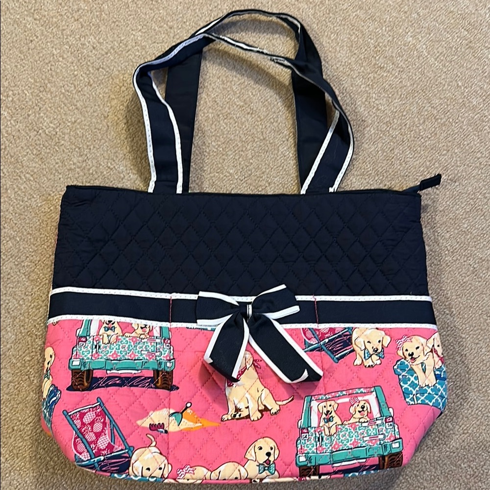 NWOT puppy / dog themed quilted large tote bag, zipper, pink / blue NGil